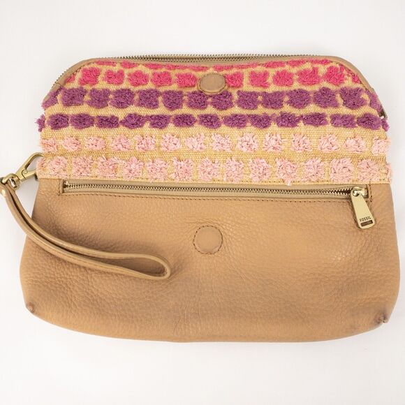 Fossil Purse Preston Leather Straw Fold-Over Pouch with Wristlet Tan Pink Purple - Picture 9 of 16